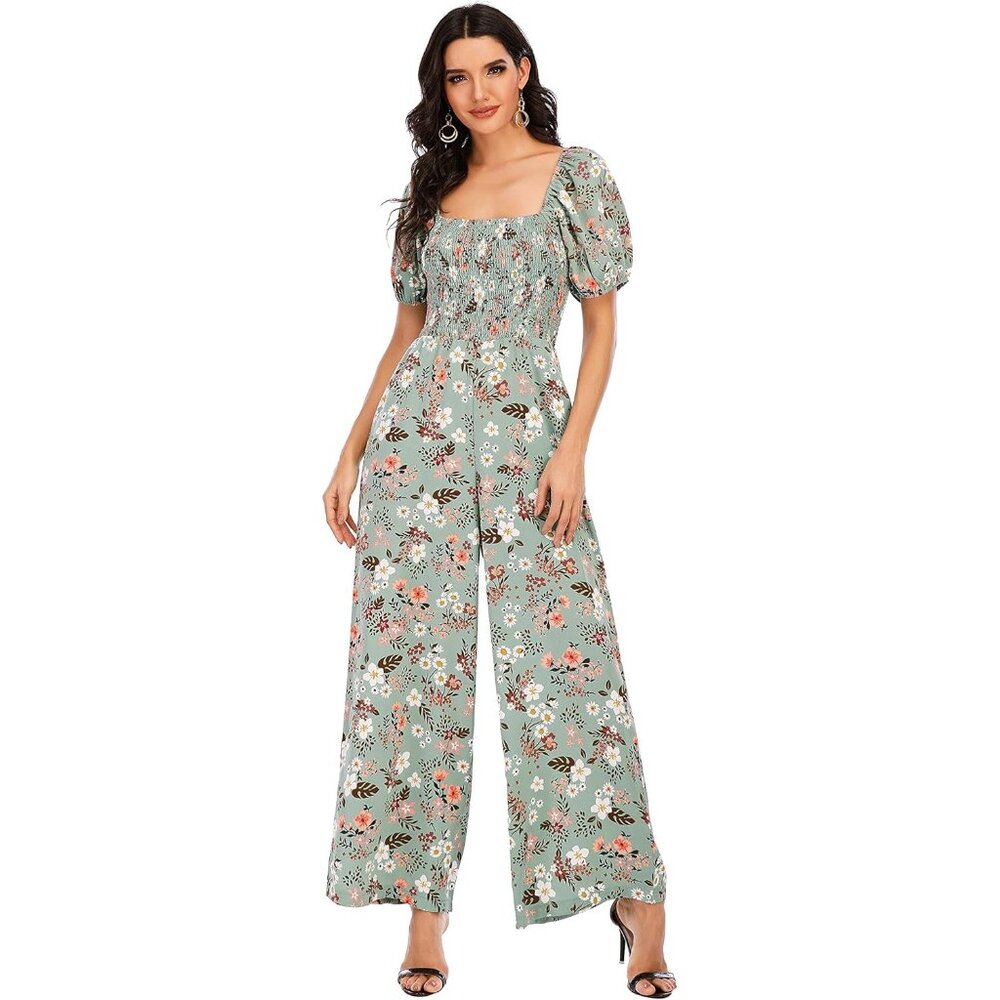 Fashion Floral Jumpsuits for Women Casual Loose Romper Short Sleeve Green Plum